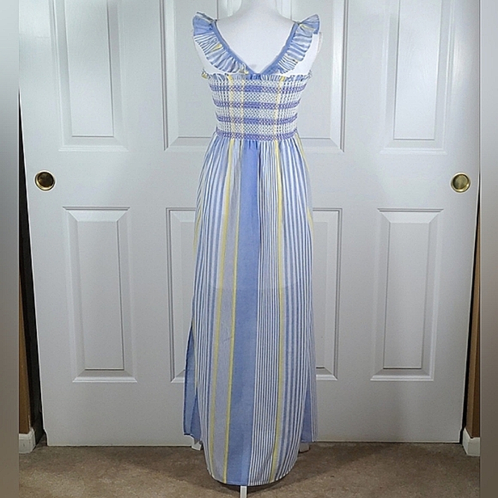 NWT Cotton Maxi Dress Sundress w/ Ruffle Straps Striped Blue Yellow & White - Picture 6 of 17